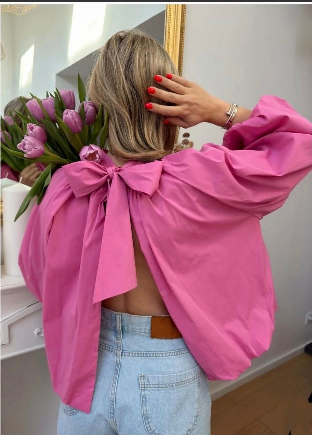 Blouse dos nu noeud rose fuchsia
