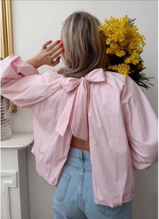 Blouse dos nu noeud rose pale