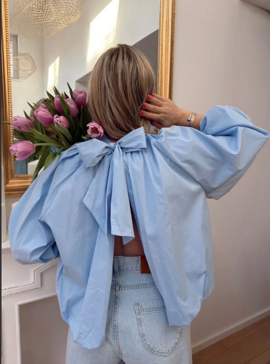 Blouse dos nu noeud bleu ciel